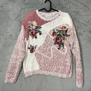 Vintage‎ 80s Shenanigans Floral Applique Knit Granny Sweater Medium Pink White